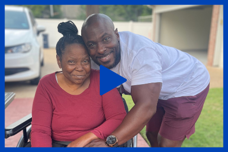 Caregiver Aubrey McDade Jr. and his mother in a video thumbnail that links to an interview with him on YouTube.